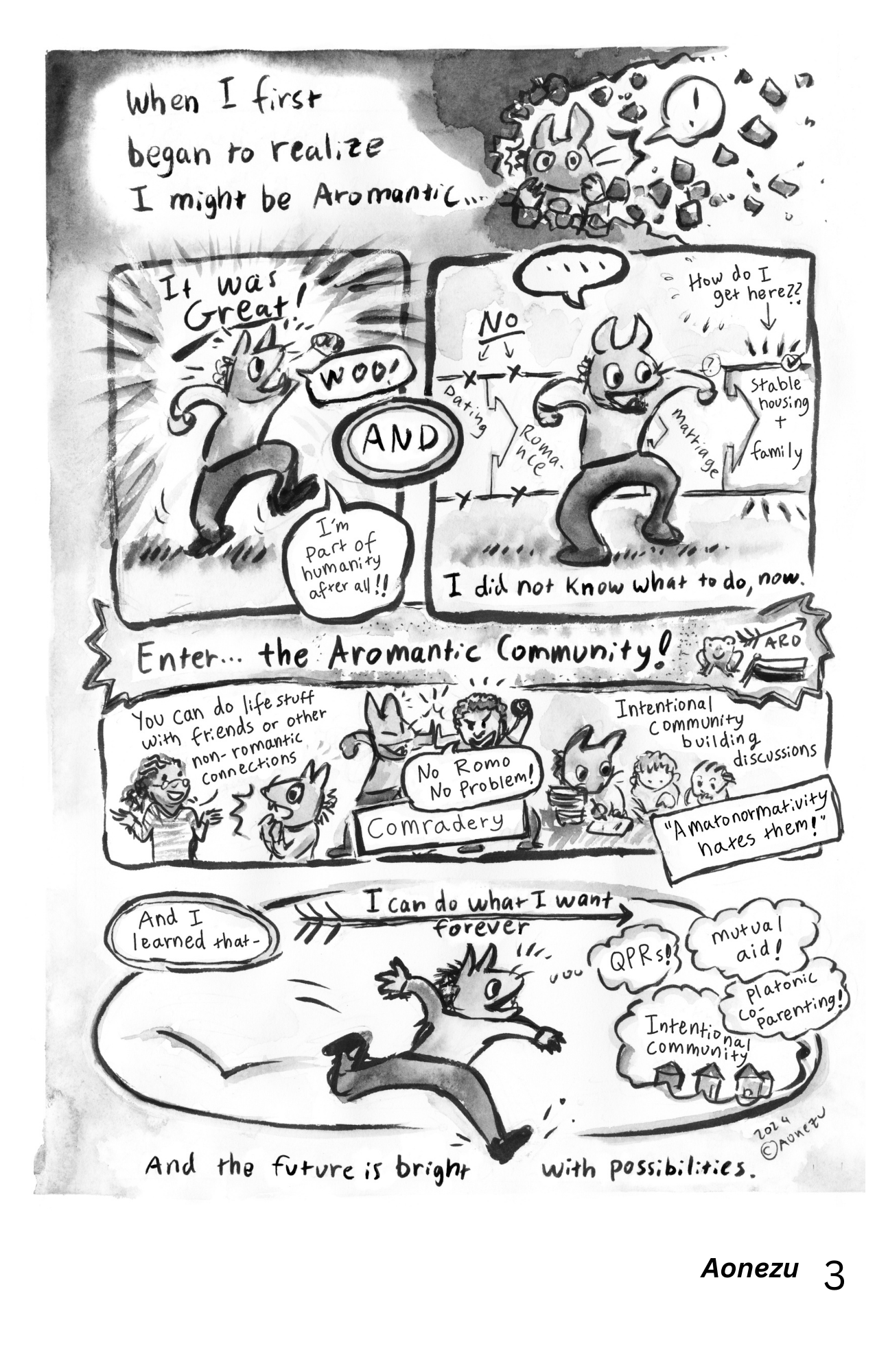 A comic, credited to Aonezu:

Frame 1: A cartoon creature breaks through a wall, with speech bubble "When I first began to realize I might be Aromantic..."

Frame 2: The character says "It was great!" "Woo" "I'm part of humanity after all!!" "AND"

Frame 3: "I do not know what to do now." A chart in the background shows arrows from "Dating" to "Romance" to "Marriage" to "Stable housing + family", with a note on the latter, "How do I get here?"

Frame 4: "Enter... the aromantic community!" The character meets with other people, with captions: "You can do life stuff with friends or other non-romantic connections." "Comradery", with a speech bubble, "No romo no problem!" "Intentional community building discussions" "Amatonormativity hates them!"

Final frame: the character runs forward with an arrow above their head, captioned "And I learned that I can do what I want forever." The arrow points to bubbles labeled "QPRs!", "Mutual Aid!", "Intentional community!", "Platonic co-parenting!" At the bottom: "And the future is bright with possibilities."